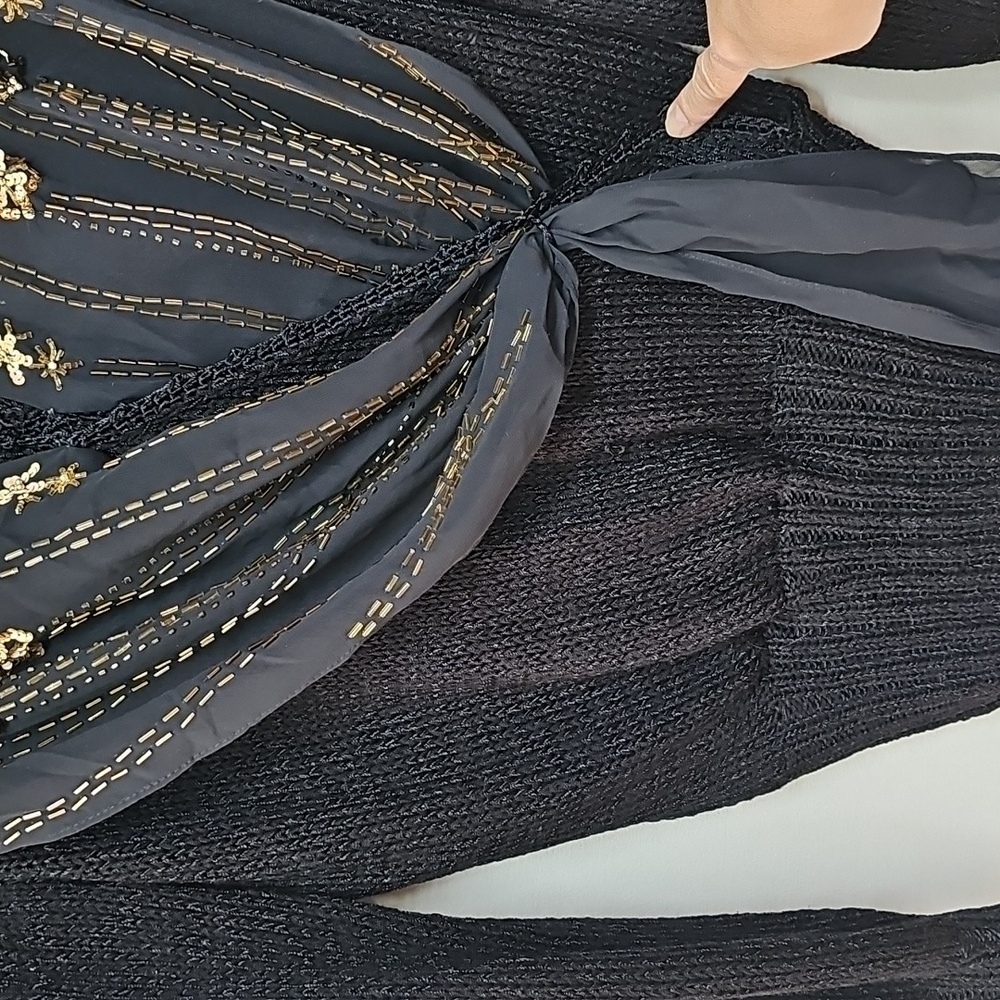 Vtg 90s Magnolia Black Faux Wrap, Beaded Scarf, Deep Vneck Sweater, Size Med - Picture 5 of 14